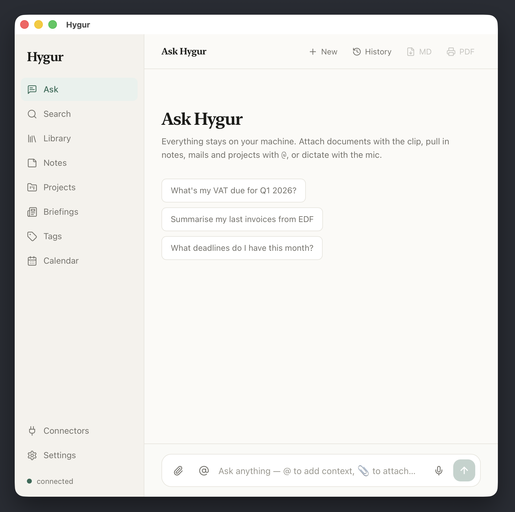 The Hygur app open on the Ask screen, showing example questions and a private chat input.