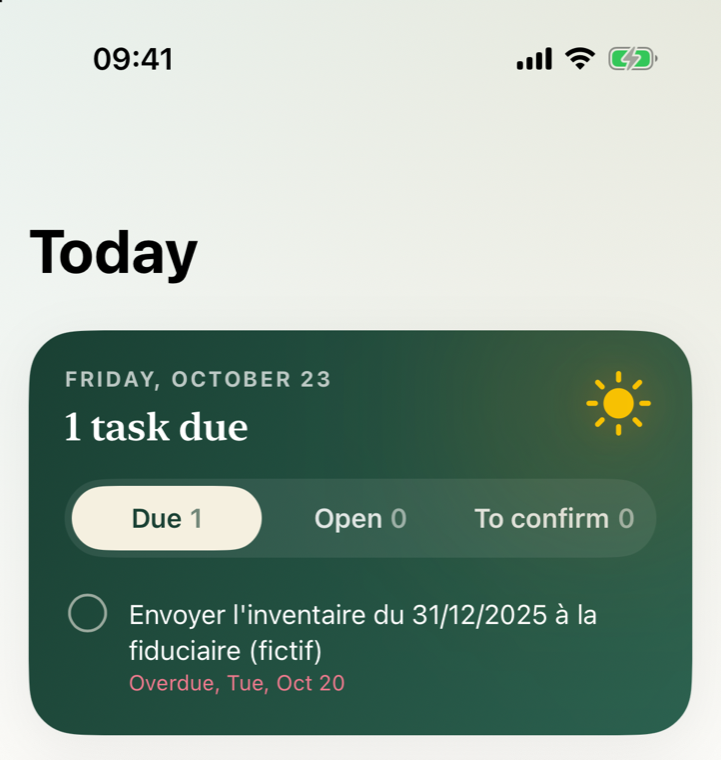 Hygur's Today screen on iPhone: the date, the weather and the one task due.
